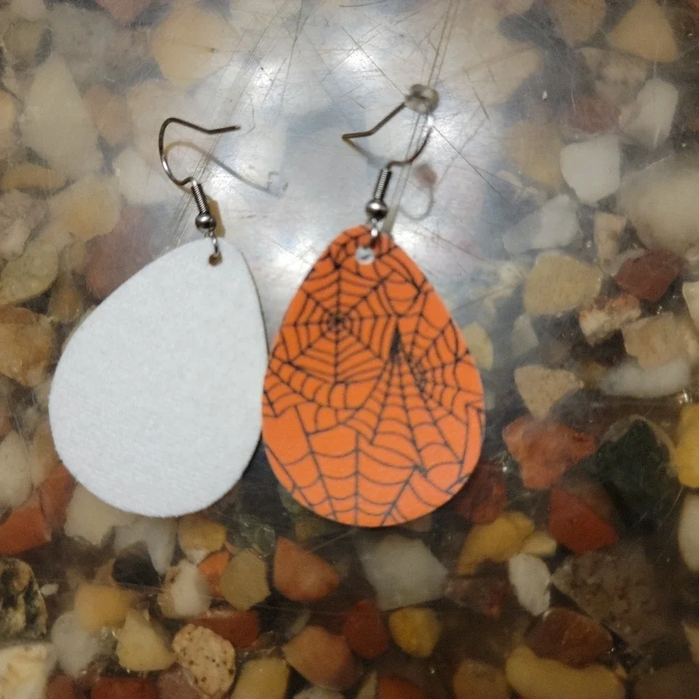 Small leather tear‎ drop orange spider web earrings Holloween holiday earings